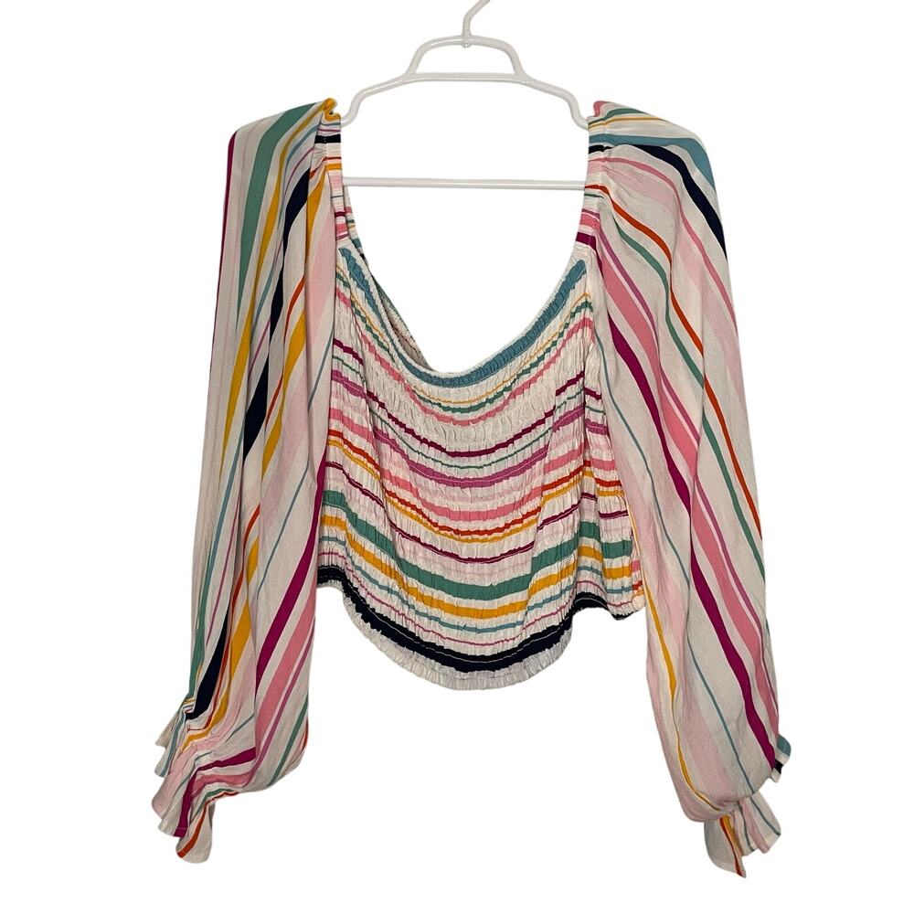 Eloquii Elements 22/24 Multicolor Striped Smocked Blouse Boho Balloon Sleeve